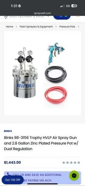 83-15669 Binks 2.8 Gallon Pressure Pot Restored With Brand New Trophy Series Hvlp