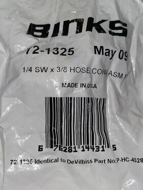 Binks Binks Devilbiss Devilbiss Devilbiss Binks P-hc-4528 72-1325 Or 1/4 F Nps X 3/8 Id Air Fluid Hose