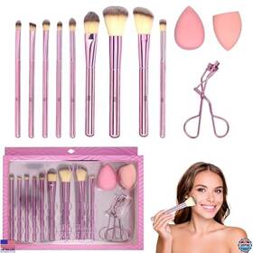 Visit The Expressions Store B0f6ffzrgp 12pc Pink Glam Brush Kit - Metallic Makeup Brushes Beauty Blenders And Curler Set